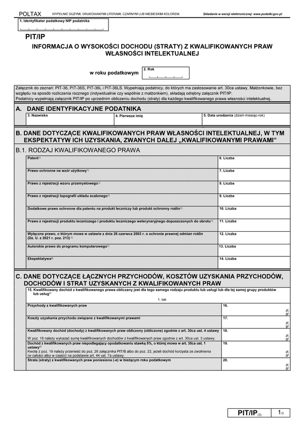 PIT/IP (3) (archiwalny) (2021) Informacja o wysokości dochodu (poniesionej straty) z kwalifikowanych praw własności intelektualnej
