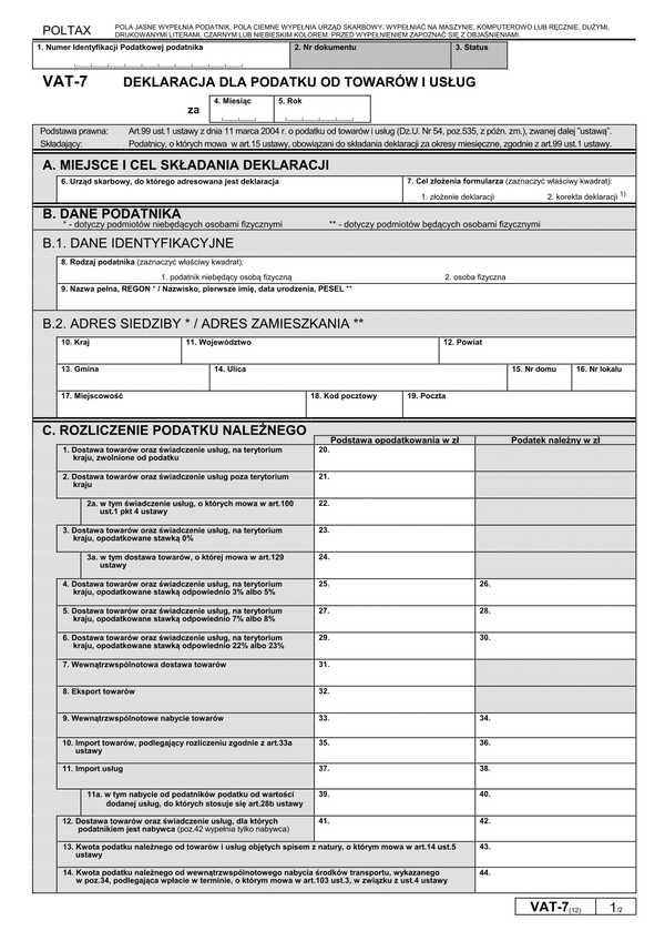 VAT-7 (12) (archiwalny) Deklaracja dla podatku od towarów i usług