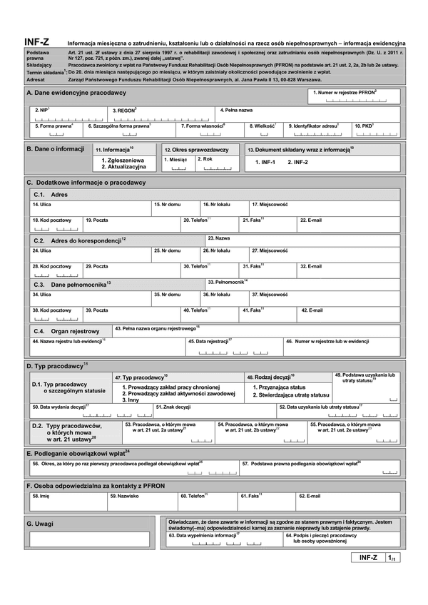 PFRON INF-Z (archiwalny) Informacja miesięczna o zatrudnieniu, kształceniu lub o działalności na rzecz osób niepełnosprawnych załącznik informacji miesięcznej - informacja ewidencyjna