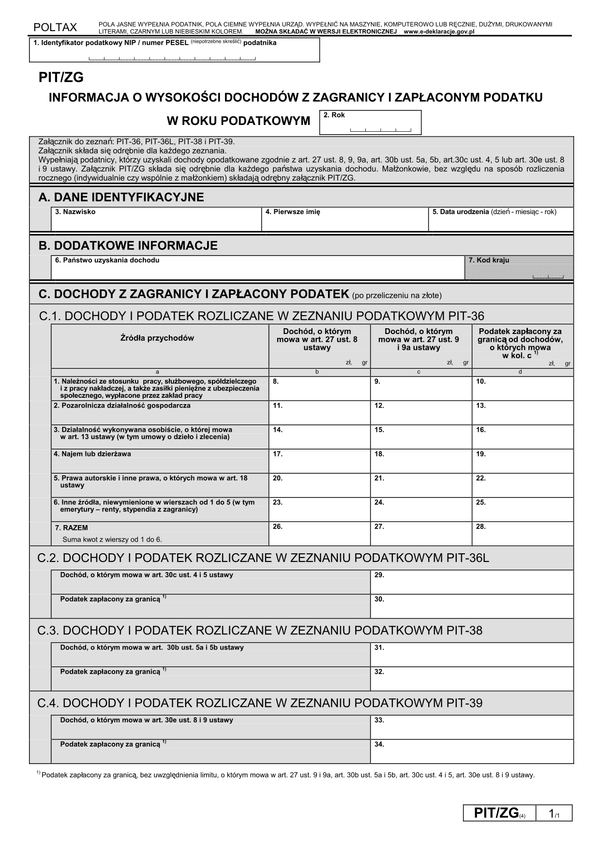 PIT/ZG (4) (od 2013) (archiwalny) Informacja o wysokości dochodów z zagranicy i zapłaconym podatku