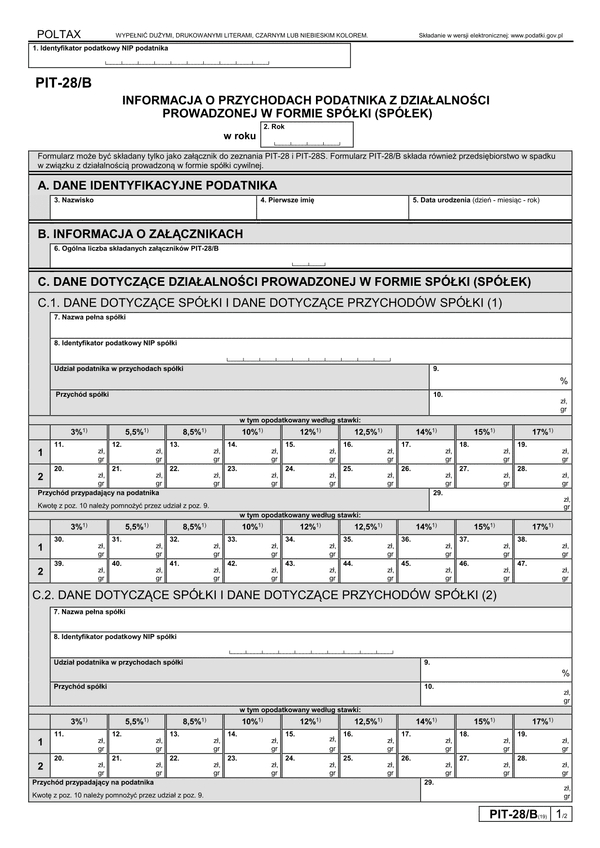 PIT-28/B (19) (archiwalny) (2022) Informacja o przychodach podatnika z działalności prowadzonej w formie spółki (spółek) osób fizycznych 