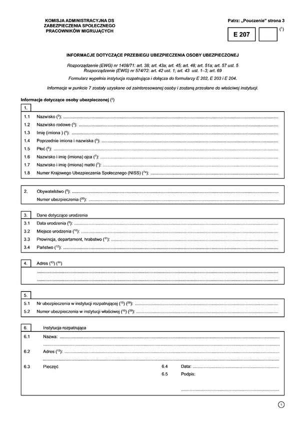ZUS E 207 Informacje dotyczące przebiegu ubezpieczenia osoby ubezpieczonej