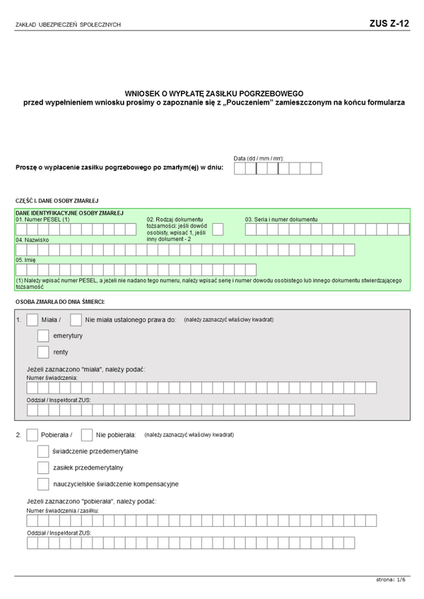 ZUS Z-12 (od 2014) (archiwalny) Wniosek o wypłatę zasiłku pogrzebowego