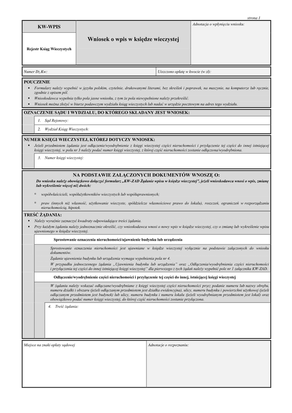 KW-WPIS (od 2014) (archiwalny) Wniosek o wpis w księdze wieczystej