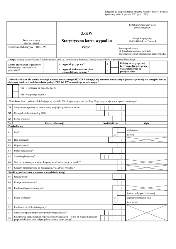 GUS Z-KW Statystyczna karta wypadku
