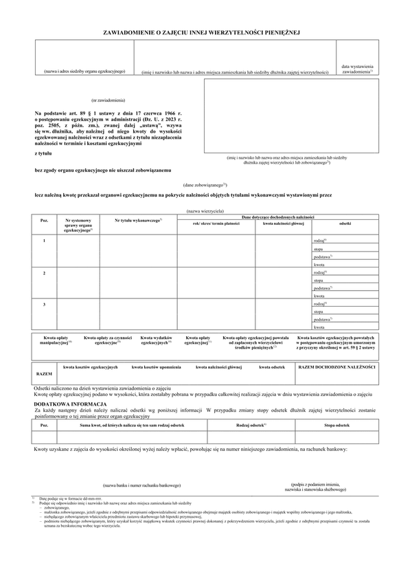 ZoZIWP Zawiadomienie o zajęciu innej wierzytelności pieniężnej