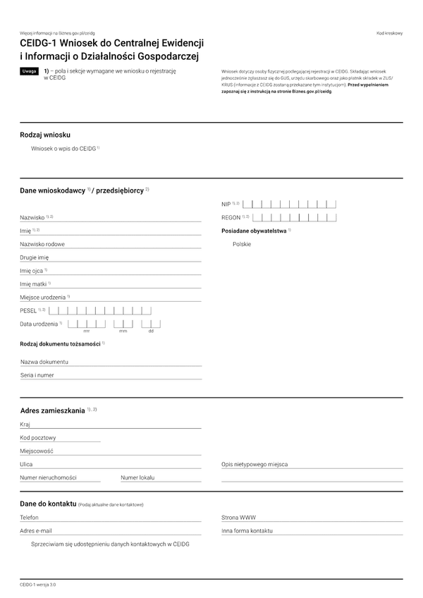CEIDG Wniosek o wpis do centralnej ewidencji i informacji o działalności gospodarczej (wysyłka online)