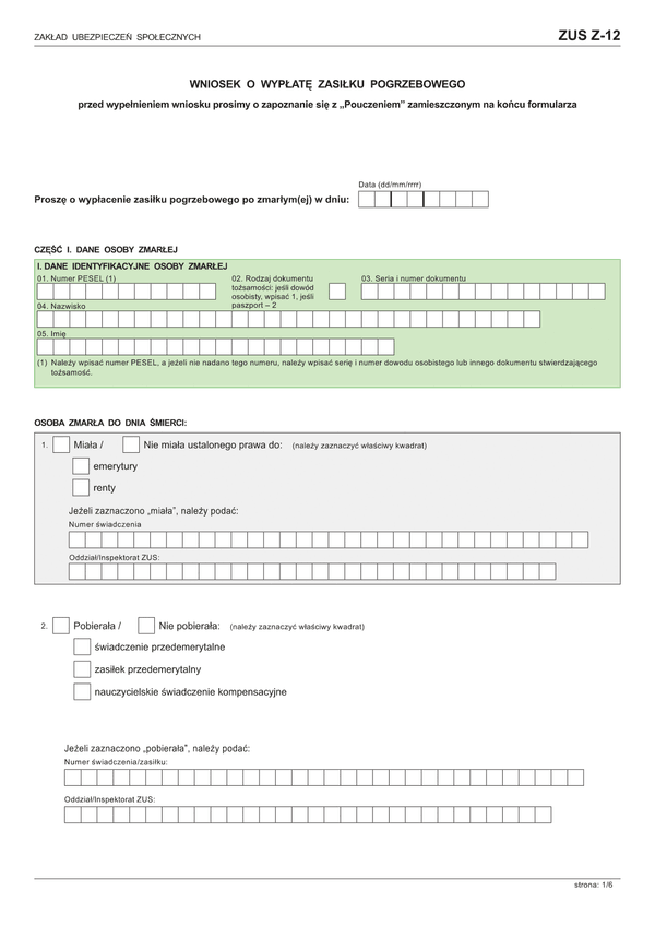 ZUS Z-12 (archiwalny) (od 2015) Wniosek o wypłatę zasiłku pogrzebowego 