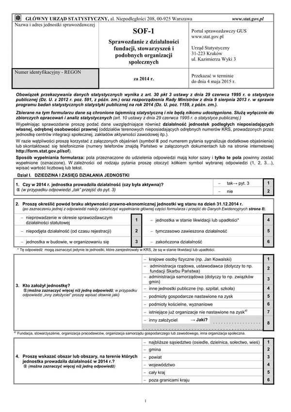 GUS SOF-1 (archiwalny) (2014) Sprawozdanie z działalności fundacji, stowarzyszeń i podobnych organizacji społecznych za rok 2014