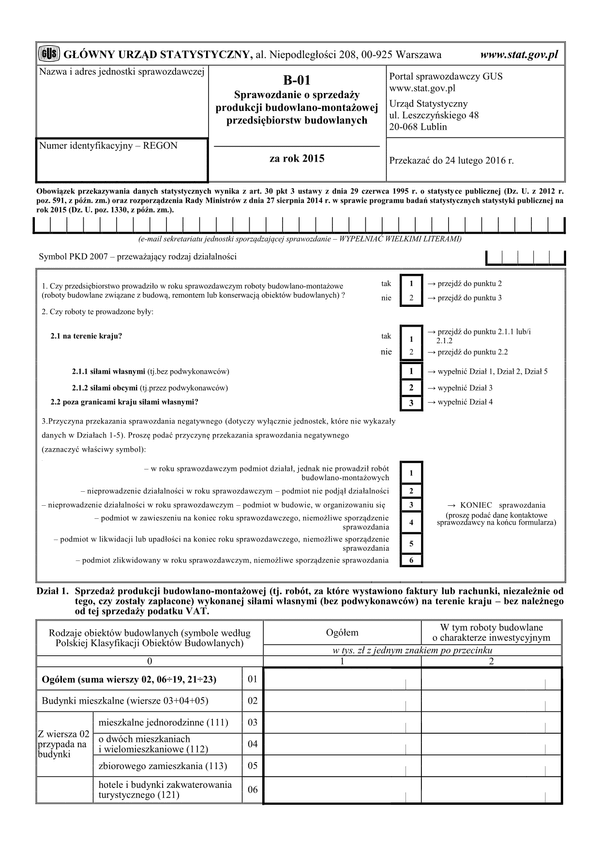 GUS B-01 (2015) (archiwalny) Sprawozdanie o sprzedaży produkcji budowlano-montażowej przedsiębiorstw budowlanych za rok 2015