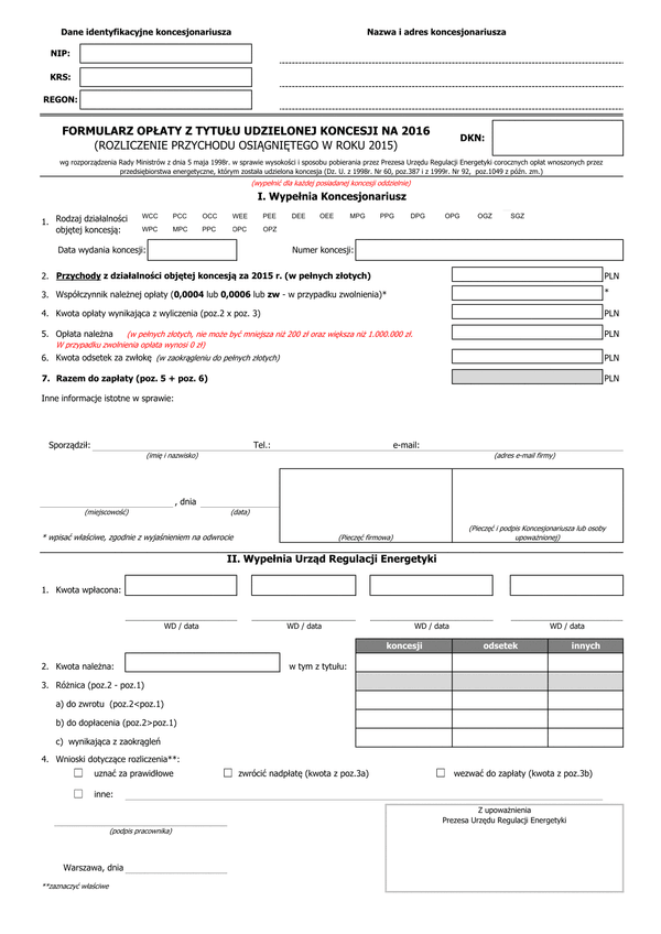 KON Formularz opłaty z tytułu udzielonej koncesji na 2016 (rozliczenie przychodu osiągniętego w roku 2015)