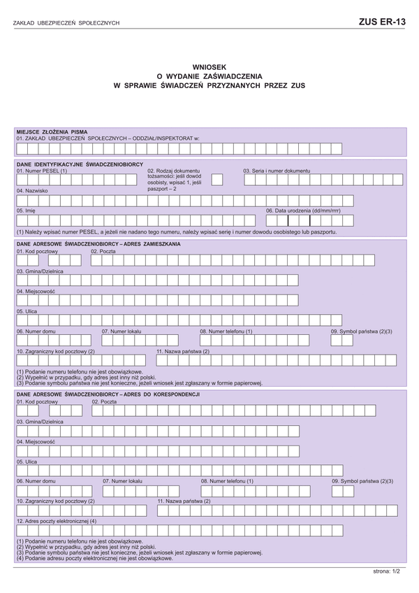 ZUS ER-13 (archiwalny) Wniosek o wydanie zaświadczenia w sprawie świadczeń przyznanych przez ZUS