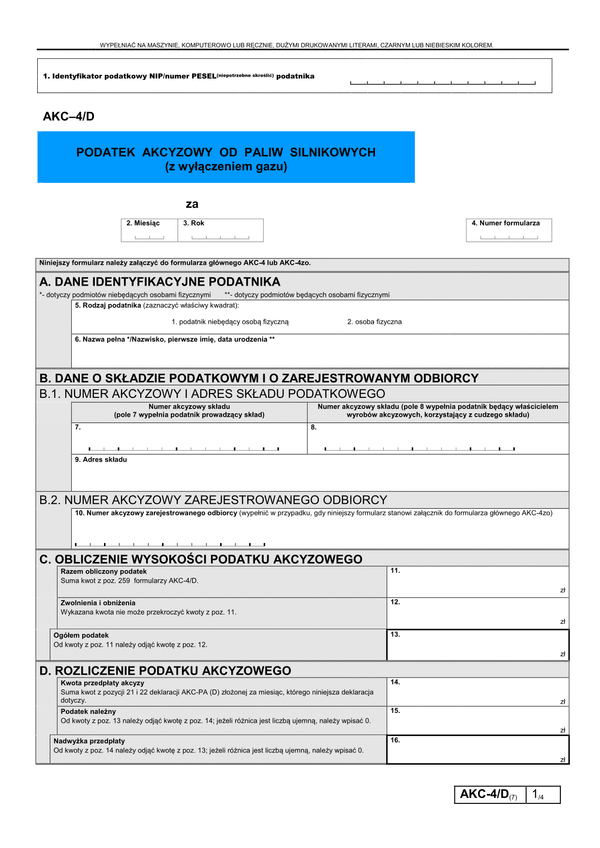 AKC-4/D (7) (archiwalny) Podatek akcyzowy od paliw silnikowych (z wyłączeniem gazu) 