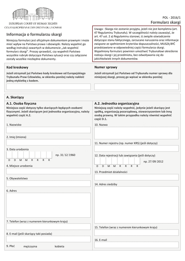 POL-2016/1 (archiwalny) Skarga do Europejskiego Trybunału Praw Człowieka