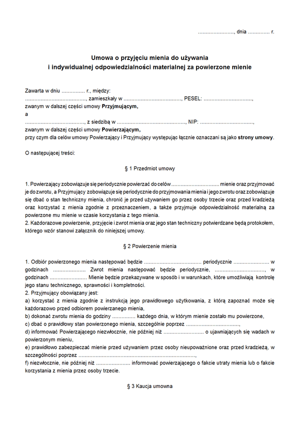 UPPM Umowa o przyjęciu mienia do używania i indywidualnej odpowiedzialności materialnej za powierzone mienie