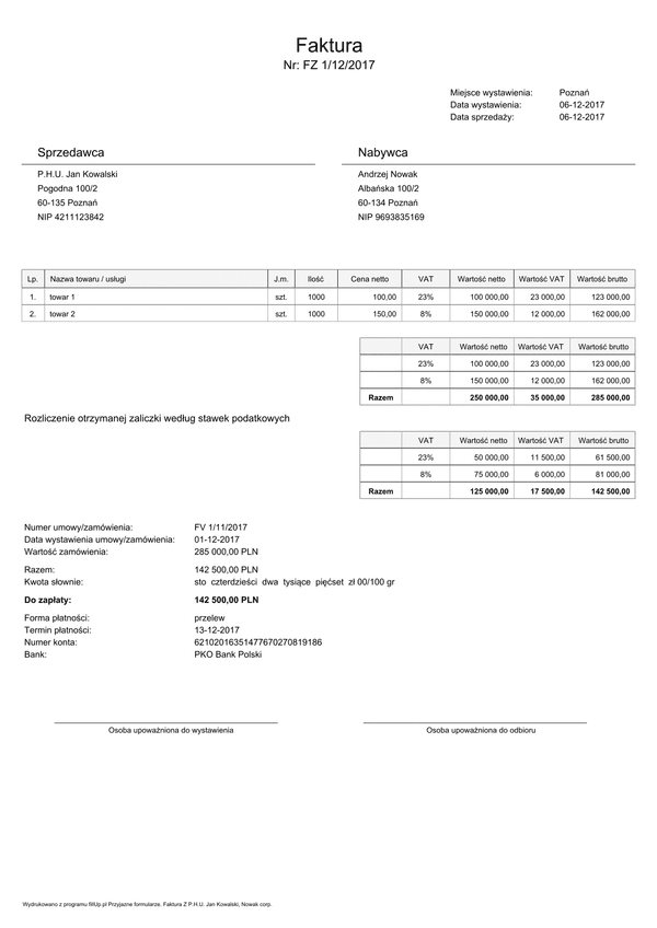 FVATZ Faktura zaliczkowa