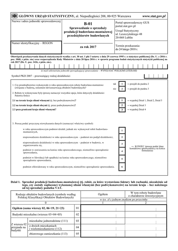 GUS B-01 (2017) (archiwalny) Sprawozdanie o sprzedaży produkcji budowlano-montażowej przedsiębiorstw budowlanych za rok 2017