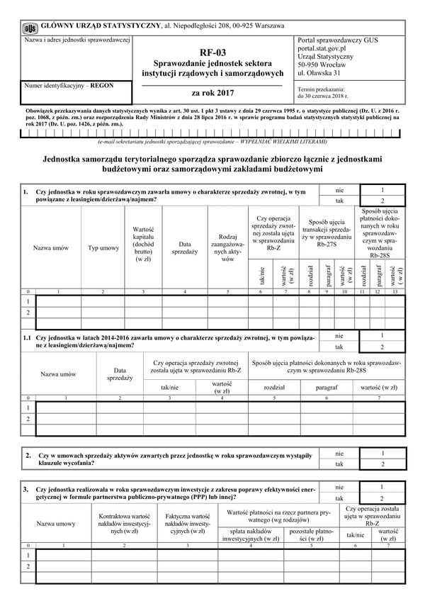 GUS RF-03 (2017) (archiwalny) Sprawozdanie jednostek sektora instytucji rządowych i samorządowych