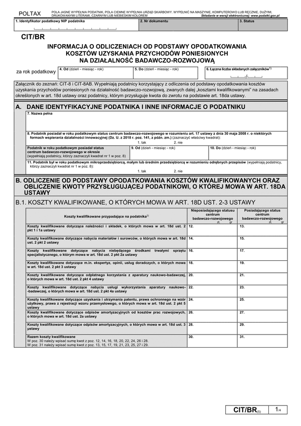 CIT/BR (5) (archiwalny) Informacja o odliczeniach od podstawy opodatkowania kosztów kwalifikowanych