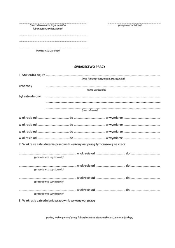 SP (archiwalny) Świadectwo pracy 