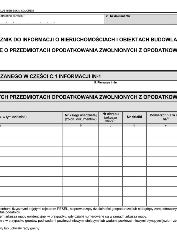 ZIN-2 (1) Załącznik do informacji o nieruchomościach i obiektach budowlanych - dane o przedmiotach opodatkowania zwolnionych z opodatkowania