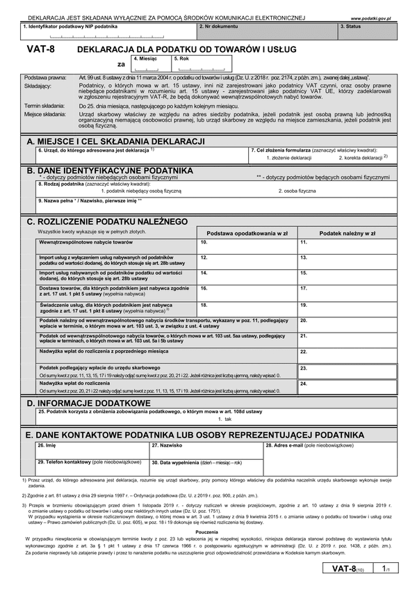 VAT-8 (10) (archiwalny) Deklaracja dla podatku od towarów i usług