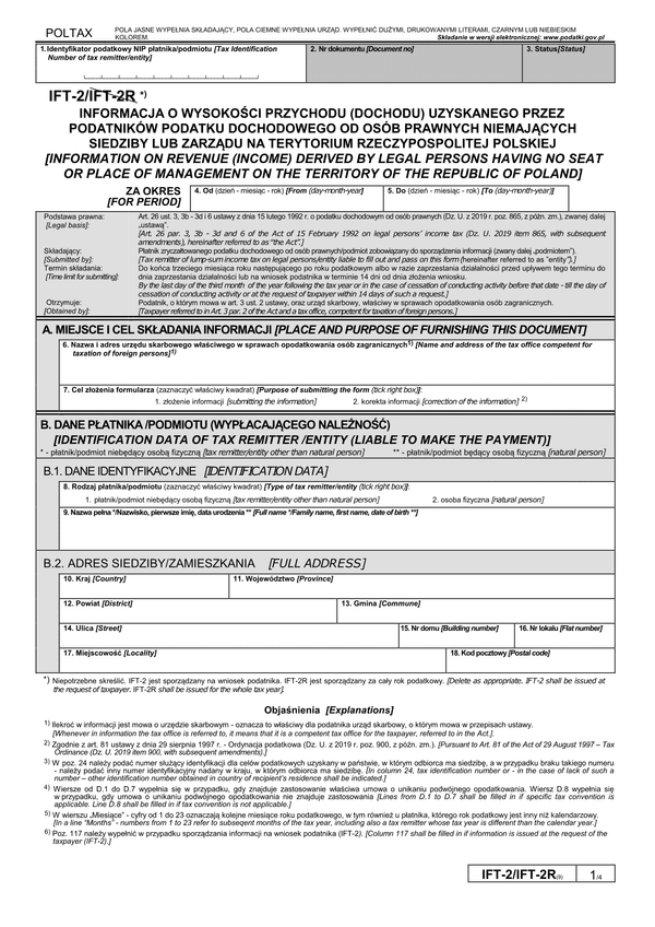 IFT-2 (9) (archiwalny) (2019-2020) Informacja o wysokości przychodu (dochodu) uzyskanego przez podatników podatku dochodowego od osób prawnych niemających siedziby lub zarządu na terytorium Rzeczypospolitej Polskiej