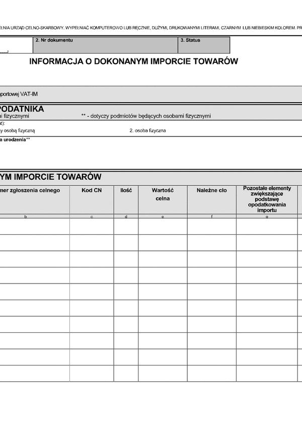 VAT-IM/A (3) Informacja o dokonanym imporcie