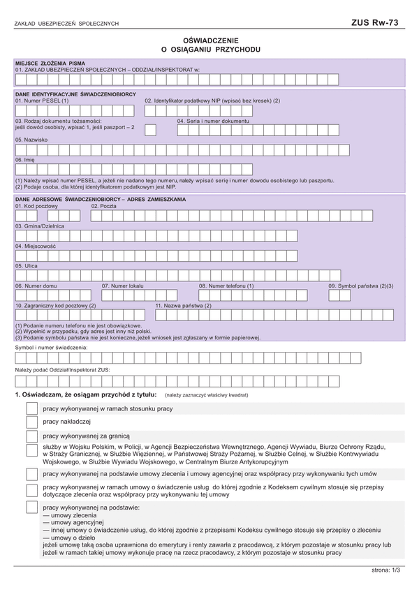 ZUS RW-73 (archiwalny) Oświadczenie o osiąganiu przychodu