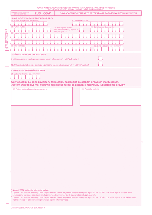 ZUS OSW (archiwalny) Oświadczenie pracodawcy o przekazywaniu raportów informacyjnych (ZUS RIA) - z wysyłką do PUE ZUS