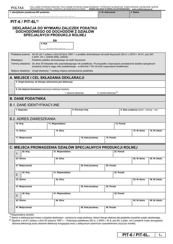 PIT-6 / PIT-6L (9) (2012) (archiwalny) Deklaracja do wymiaru zaliczek podatku dochodowego od dochodów z działów specjalnych produkcji rolnej 