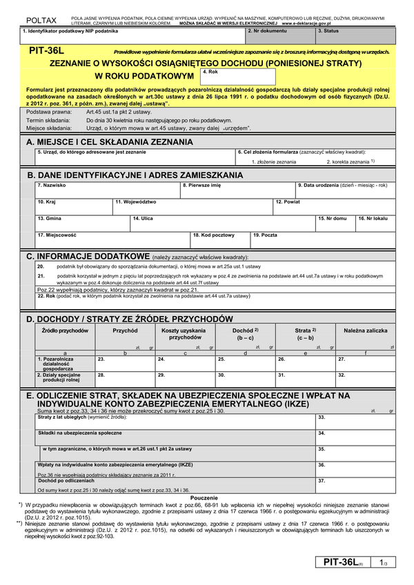 PIT-36L (8) (2011, 2012) (archiwalny) Zeznanie o wysokości osiągniętego dochodu (poniesionej straty) 