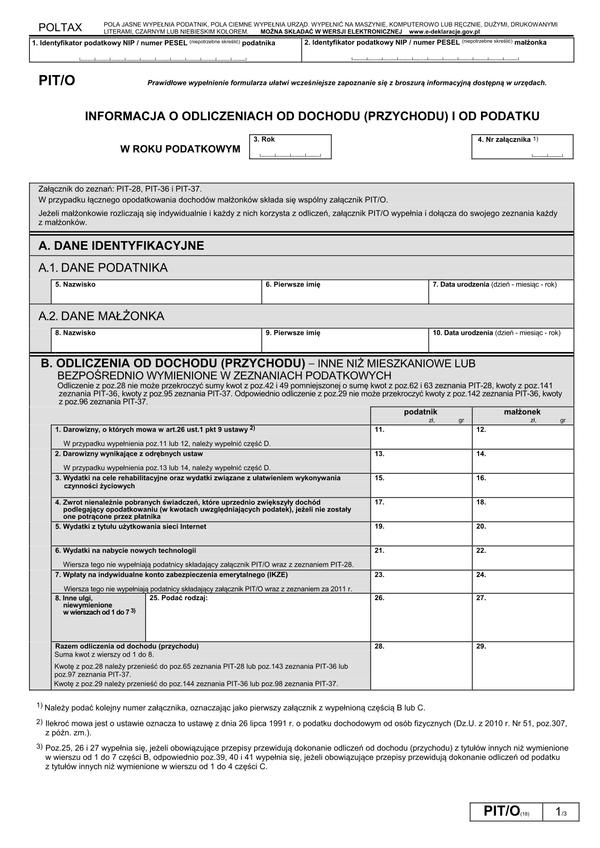 PIT/O (18) (2011, 2012) (archiwalny) Informacja o odliczeniach od dochodu (przychodu) i od podatku w roku podatkowym