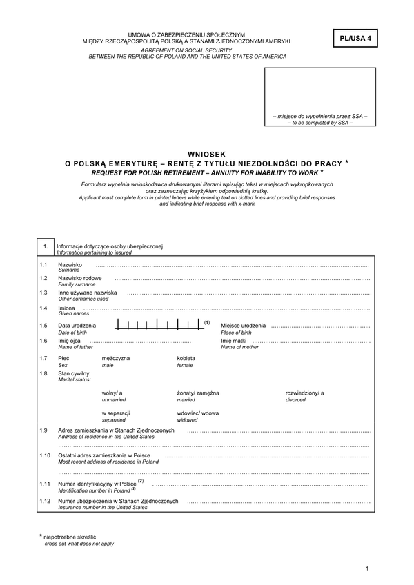 ZUS PL-USA 4 Wniosek o polską emeryturę - rentę z tytułu niezdolności do pracy (Request for polish retirement – annuity for inability to work)