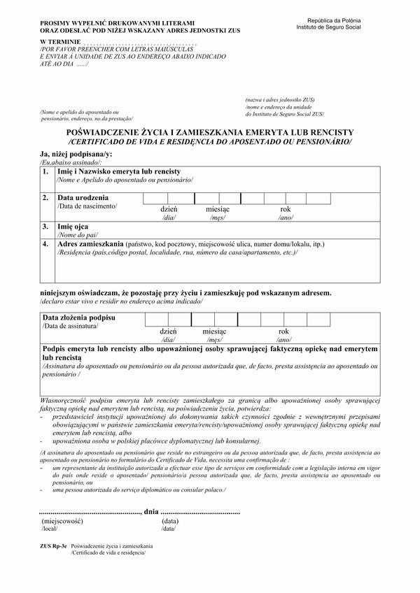 ZUS RP-3E (archiwalny) Poświadczenie życia i zamieszkania emeryta lub rencisty (w wersji polsko-portugalskiej)