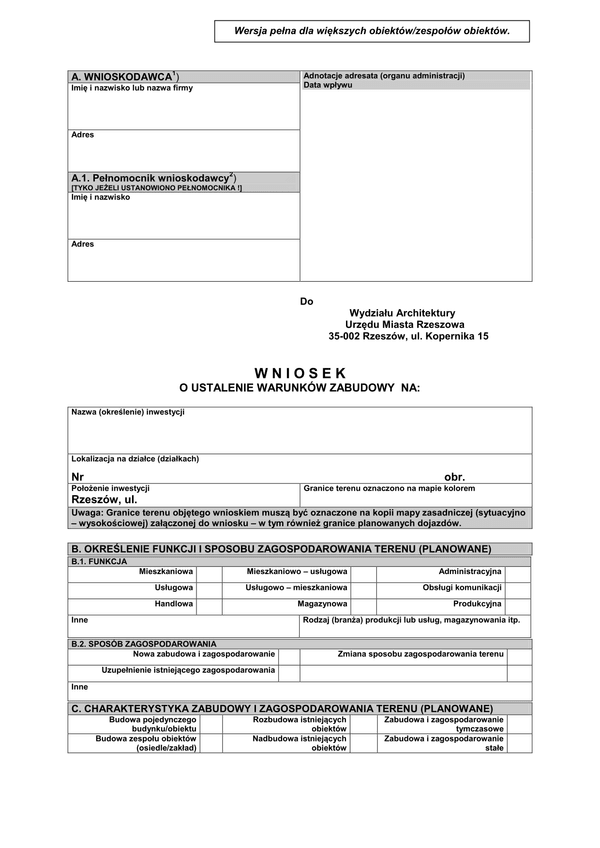 WUWZ-Rz (WO) Wniosek o ustalenie warunków zabudowy (Wersja dla większych obiektów/zespołów obiektów) Rzeszów 