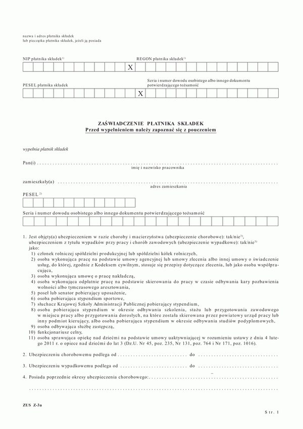 ZUS Z-3a (archiwalny) Zaświadczenie płatnika składek