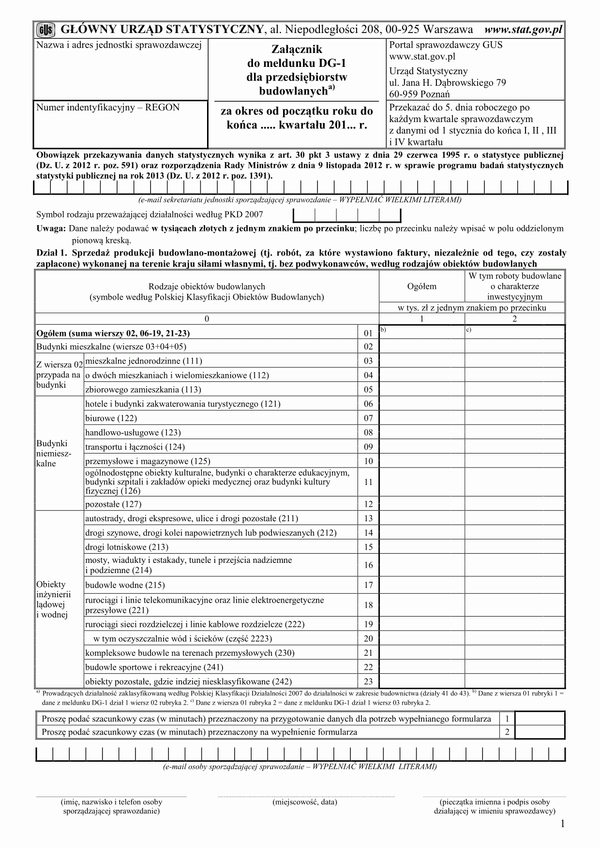 GUS DG-1 ZAŁ (2013) (archiwalny) Załącznik do meldunku DG-1 dla przedsiębiorstw budowlanych