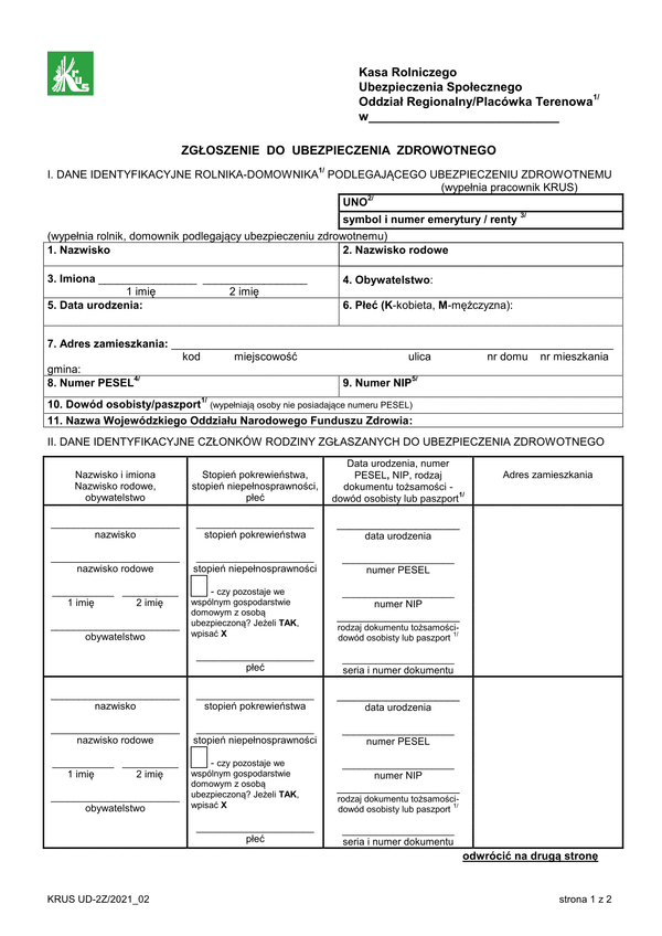 KRUS UD-2Z (archiwalny) Zgłoszenie do ubezpieczenia zdrowotnego