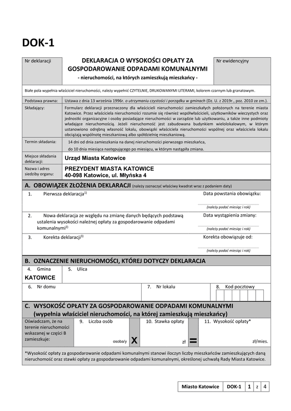 DOK-1 Kat Deklaracja o wysokości opłaty za gospodarowanie odpadami komunalnymi - Katowice