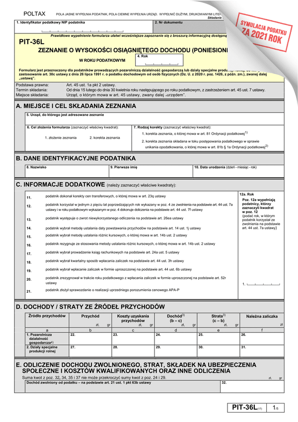 PIT-36L (17) (archiwalny) (symulator 2021) Zeznanie o wysokości osiągniętego dochodu (poniesionej straty) 