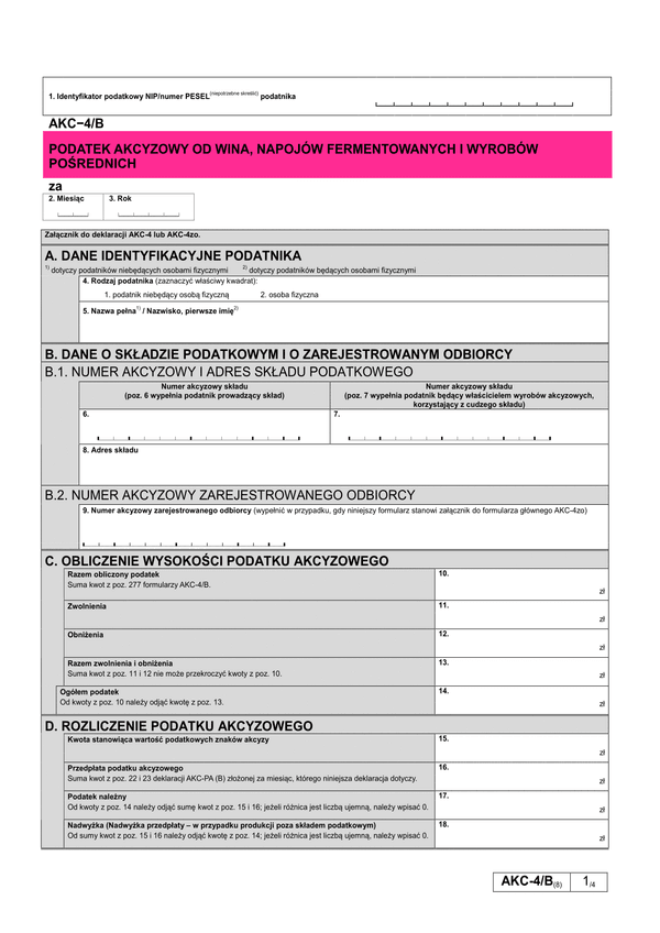 AKC-4/B (8) Podatek akcyzowy od wina, napojów fermentowanych i wyrobów pośrednich 