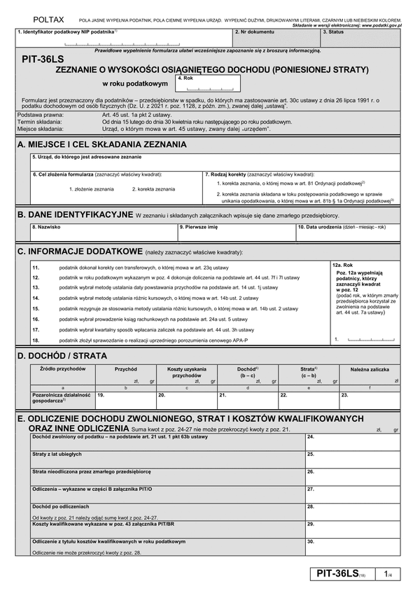 PIT-36LS (18) (archiwalny) (2021) Zeznanie o wysokości osiągniętego dochodu (poniesionej straty) 
