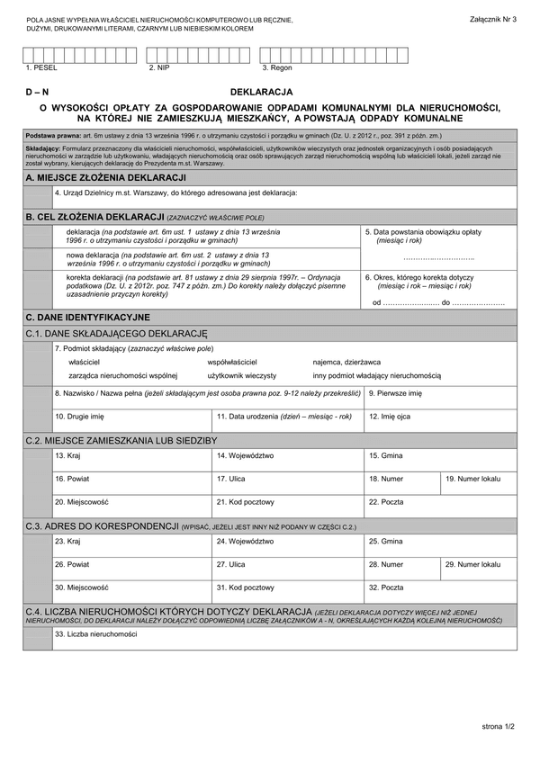 D - N (archiwalny) Deklaracja o wysokości opłaty za gospodarowanie odpadami komunalnymi nieruchomości niezamieszkałe - Warszawa