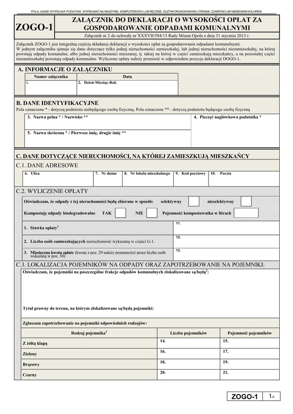 ZOGO-1 Załącznik do deklaracji o wysokości opłat za gospodarowanie odpadami komunalnymi - Opole