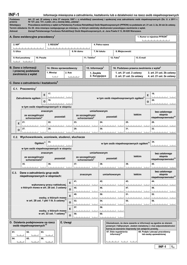 PFRON INF-1 (archiwalny) Informacja miesięczna o zatrudnieniu, kształceniu lub o działalności na rzecz osób niepełnosprawnych