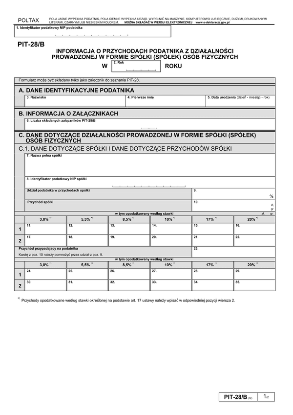 PIT-28/B (12) (2013) (archiwalny) Informacja o przychodach podatnika z działalności prowadzonej w formie spółki (spółek) osób fizycznych