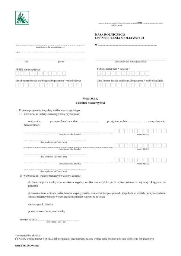 KRUS SR-24A Wniosek o zasiłek macierzyński