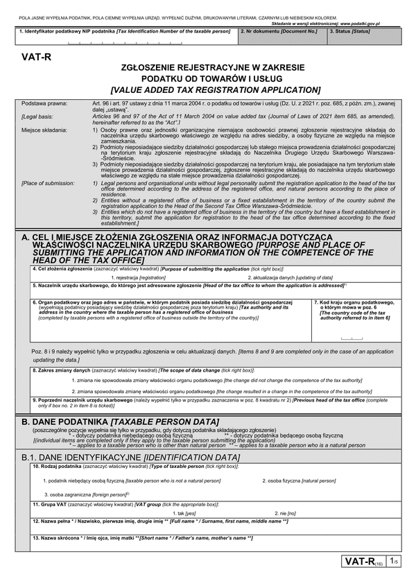 VAT-R (16) (archiwalny) Zgłoszenie rejestracyjne w zakresie podatku od towarów i usług