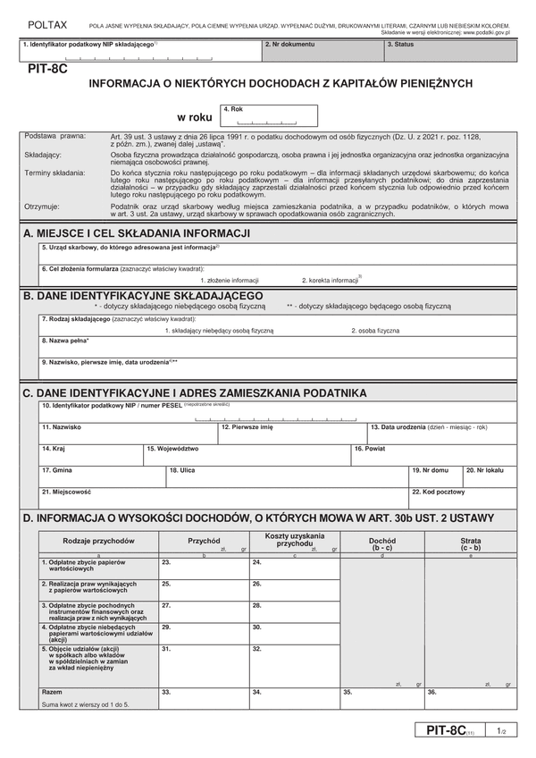 PIT-8C (11) (archiwalny) (2022) Informacja o niektórych dochodach z kapitałów pieniężnych (PIT-8C / PIT-8CZ) 